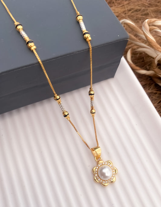 American Diamond With White Pearl Flover High Gold Chain Pendant - Belleza Jewels