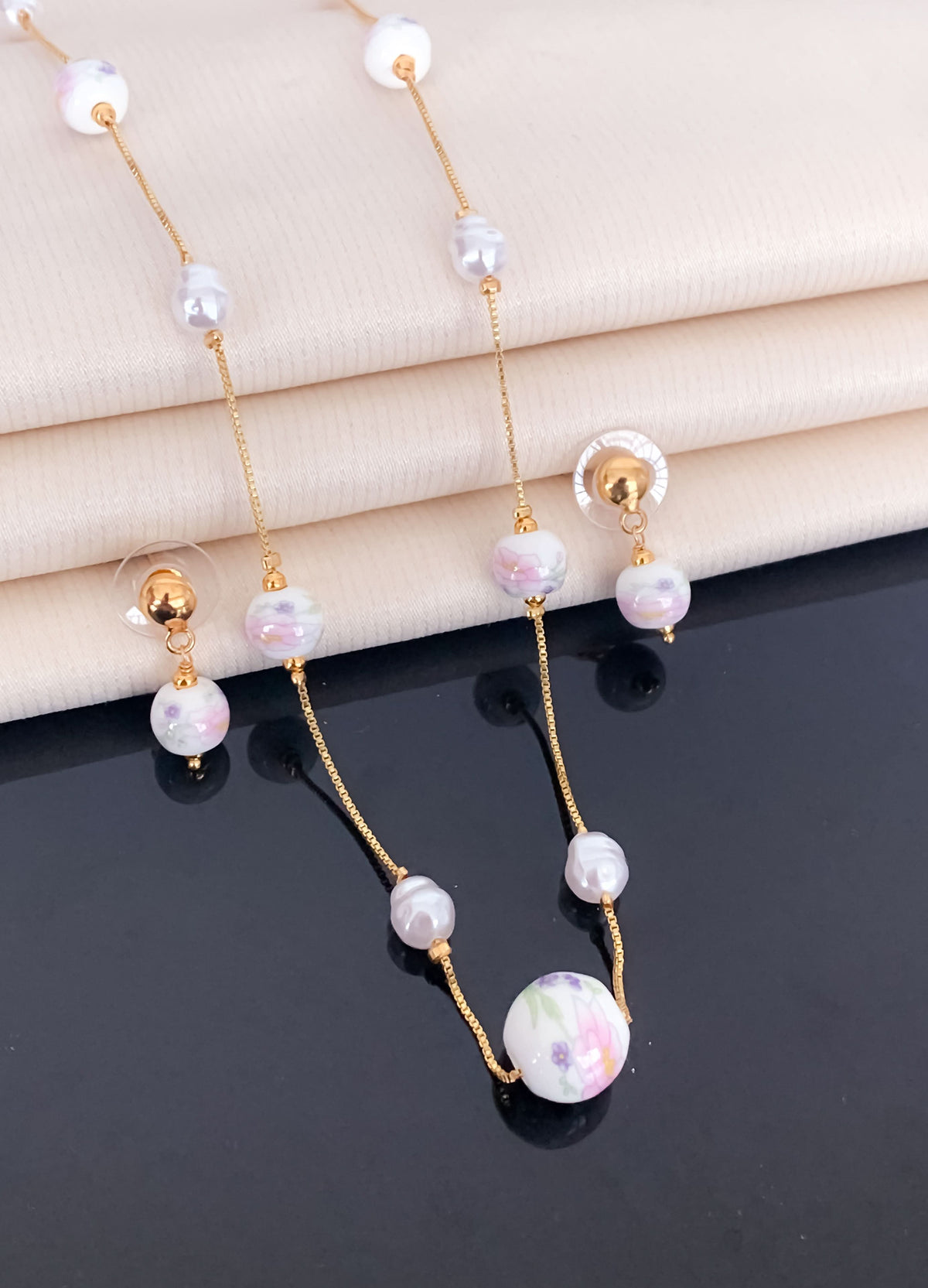 Fancy High Gold Printed Pearl with Earring Western Mala Set - Western Mala Set - Belleza Jewels