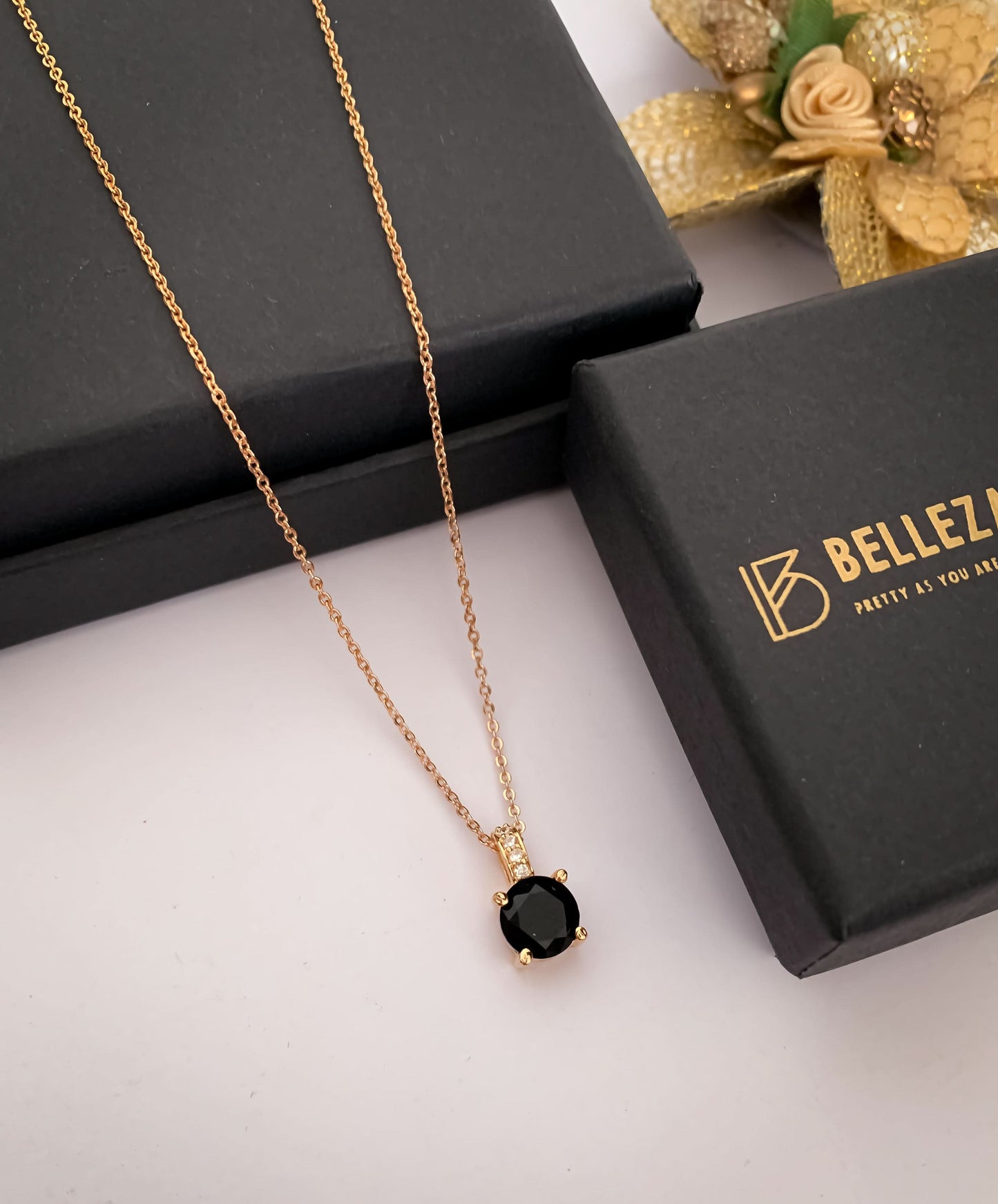 American Diamond Rose Gold Round Single Stone multiple Colour Delicate Chain Pendant - Chain Pendal - Belleza Jewels
