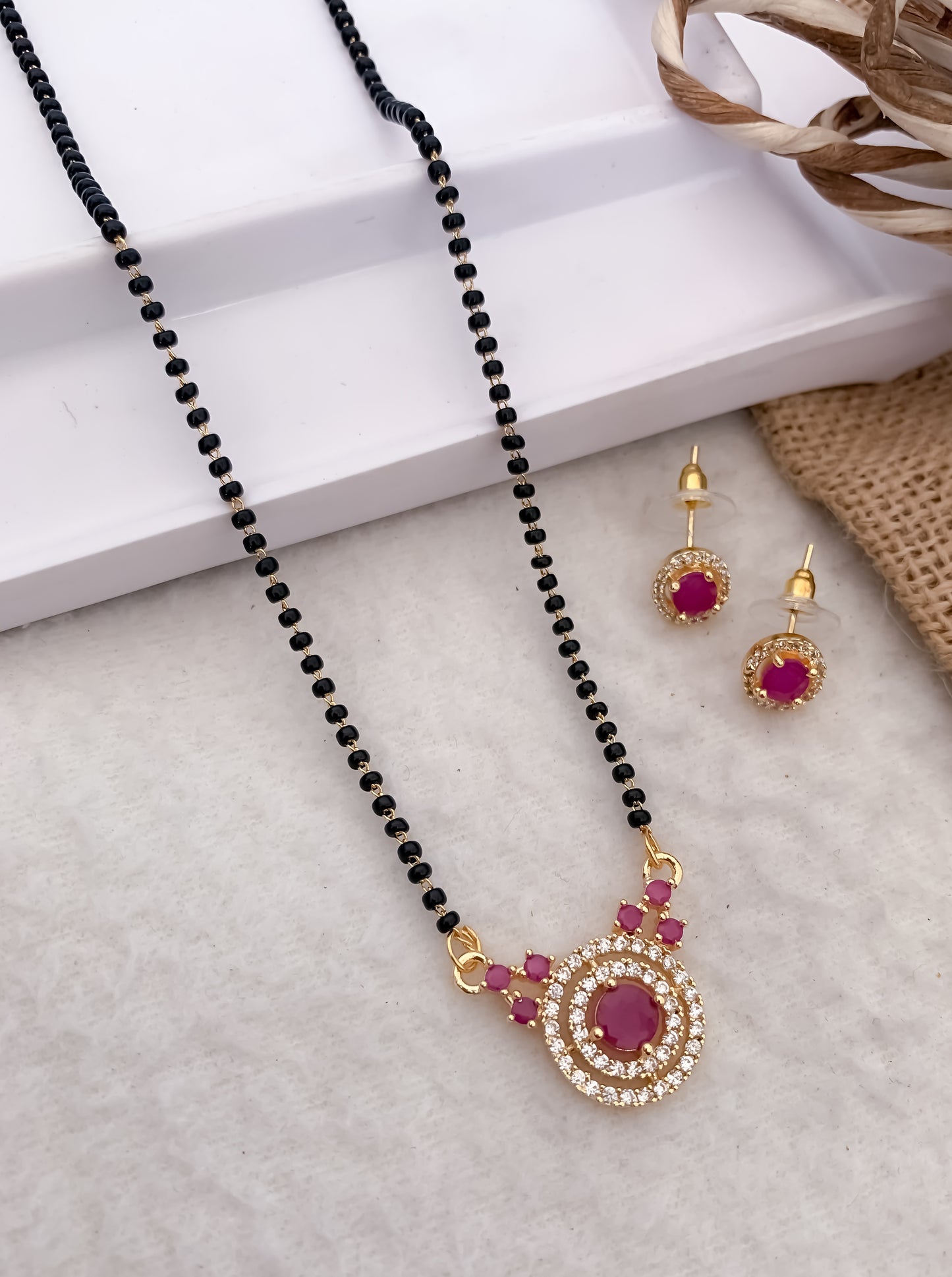 American Diamond Gold plated Ruby Fancy 18” Delicate Mangalsutra With Earring