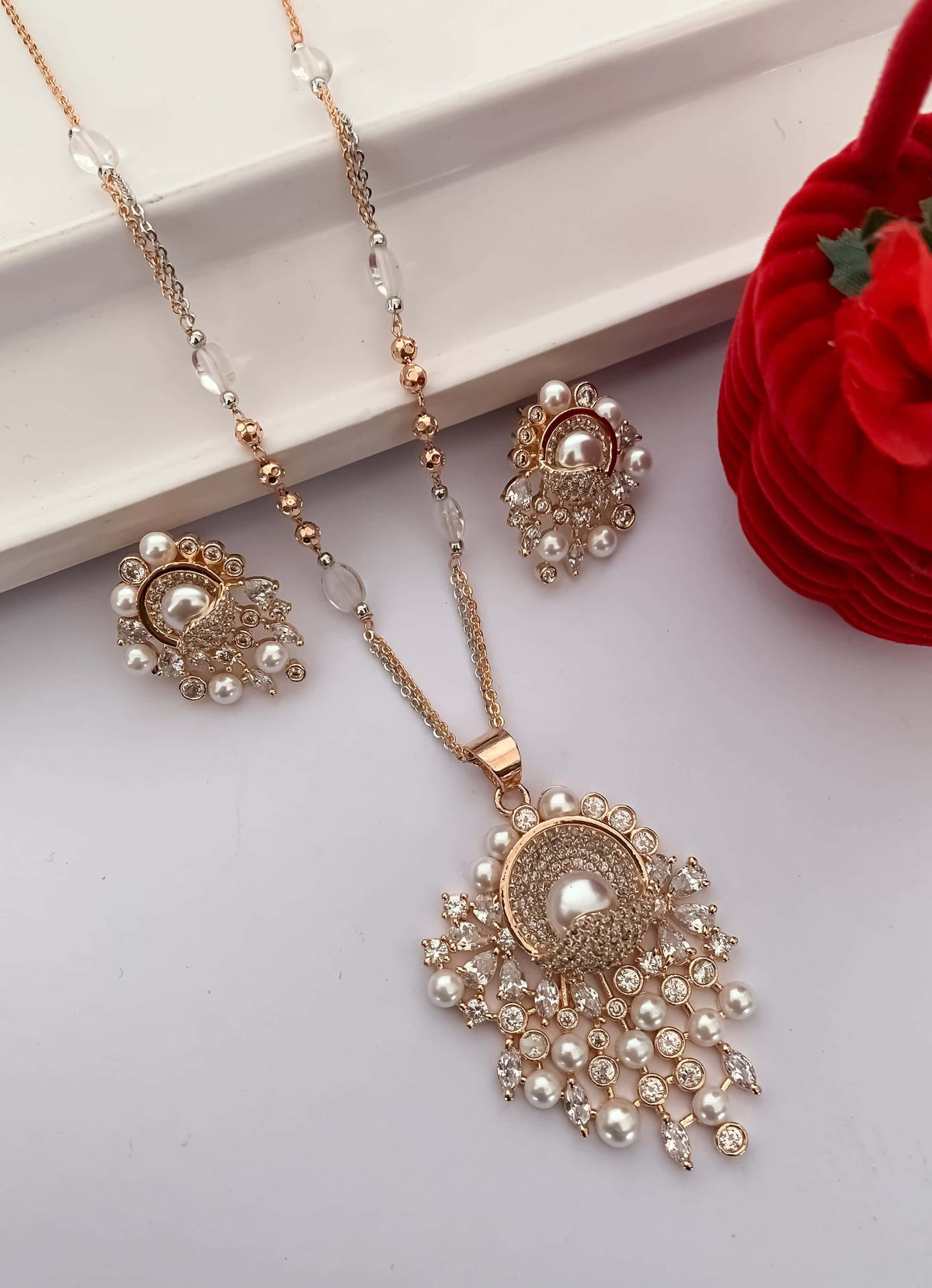American Diamond Woth Pearl Antique Design Rose gold Pendant Set - Pendant Set - Belleza Jewels