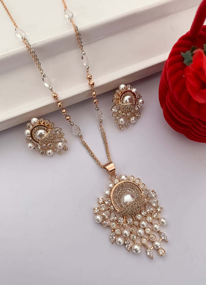 American Diamond Woth Pearl Antique Design Rose gold Pendant Set - Pendant Set - Belleza Jewels