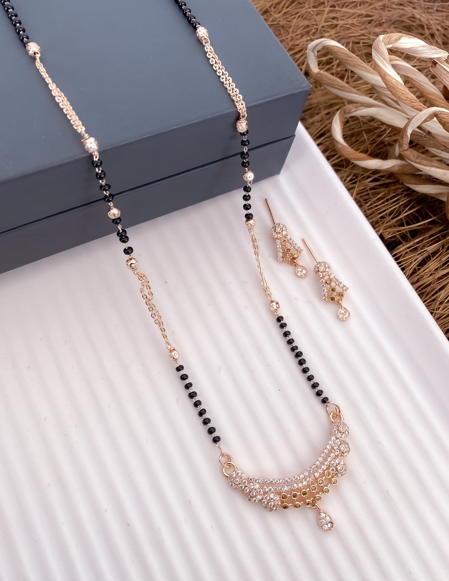 American Diamond Rose Gold Silver And Golden Pleted Fancy Mangalsutra Lengh18” Belleza Jewels