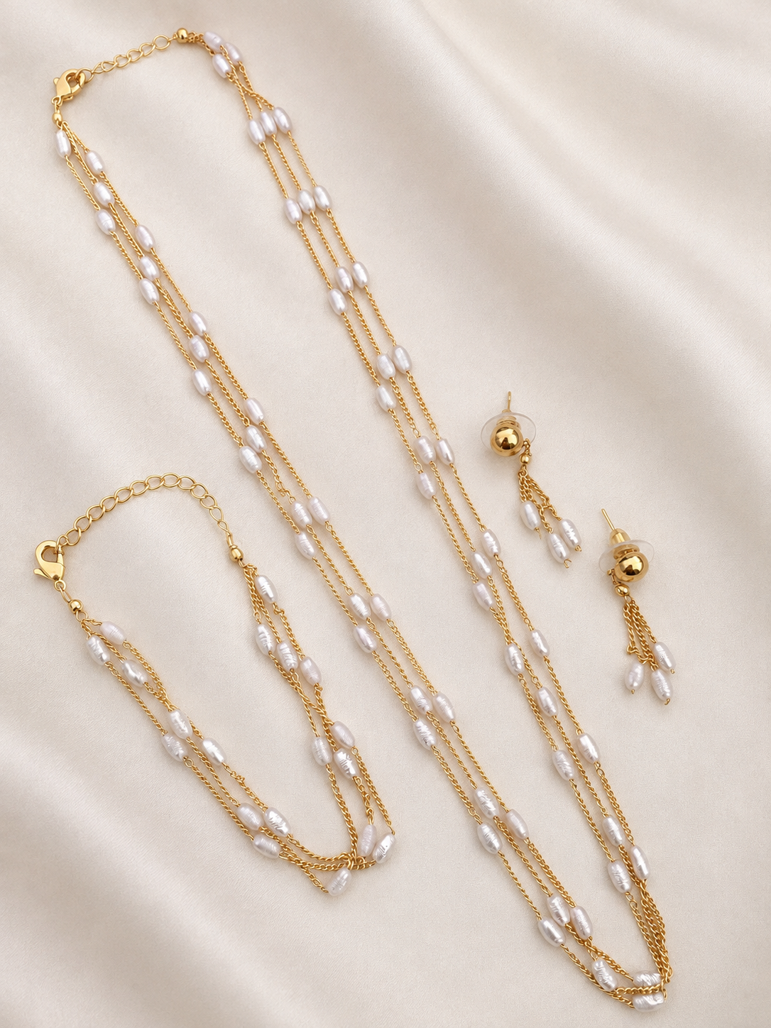 Gold-Tone Multi-Layer Pearl Necklace, Bracelet & Earrings Jewelry Set