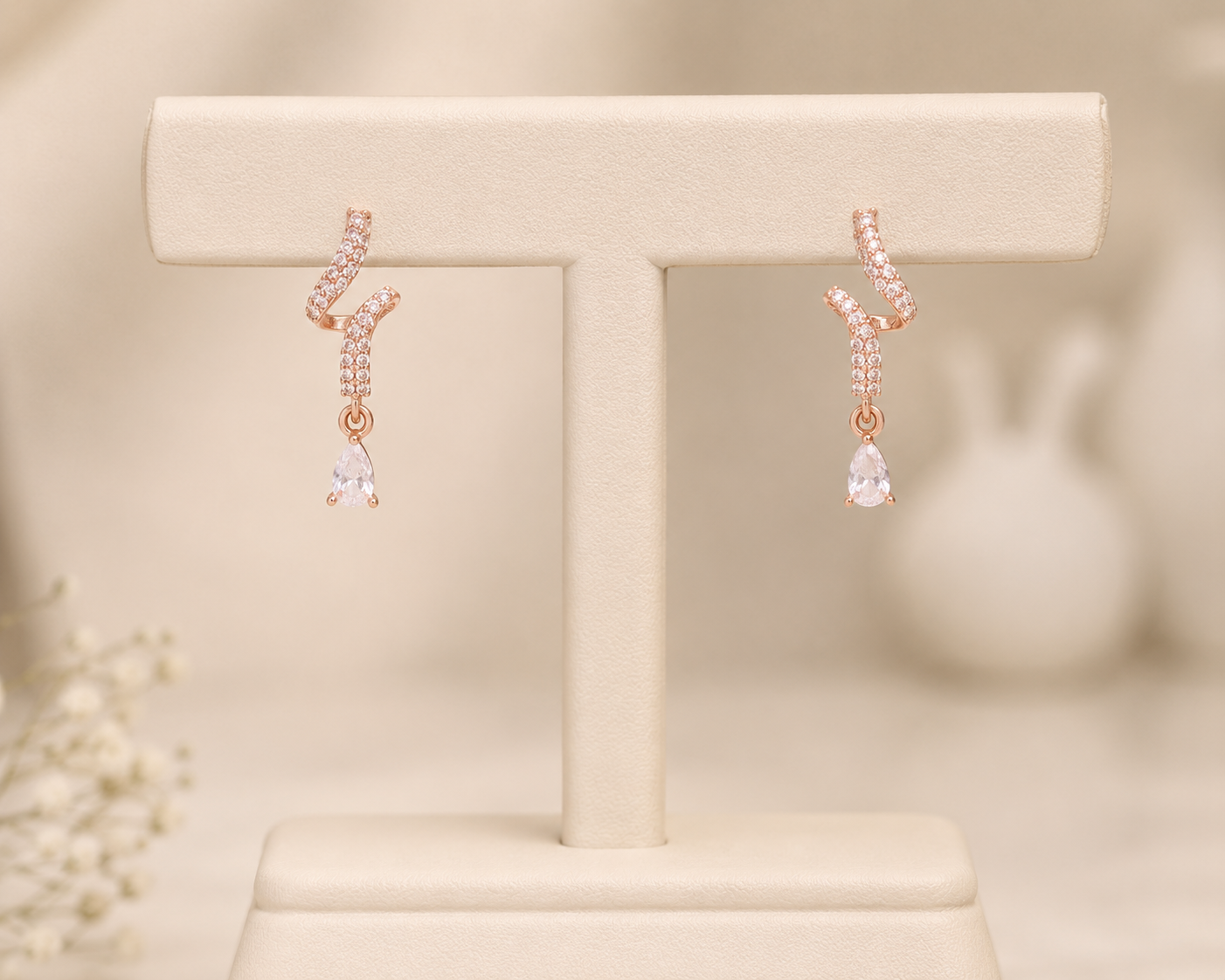 Rose Gold CZ Wave Drop Earrings
