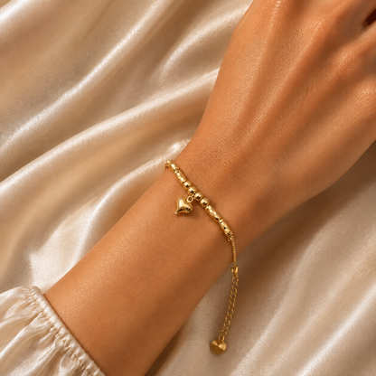 Heart Charm Gold-Tone Beaded Bracelet - Stainless Steel