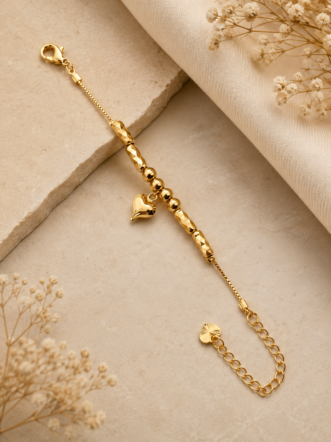 Heart Charm Gold-Tone Beaded Bracelet - Stainless Steel