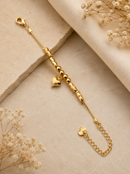 Heart Charm Gold-Tone Beaded Bracelet - Stainless Steel