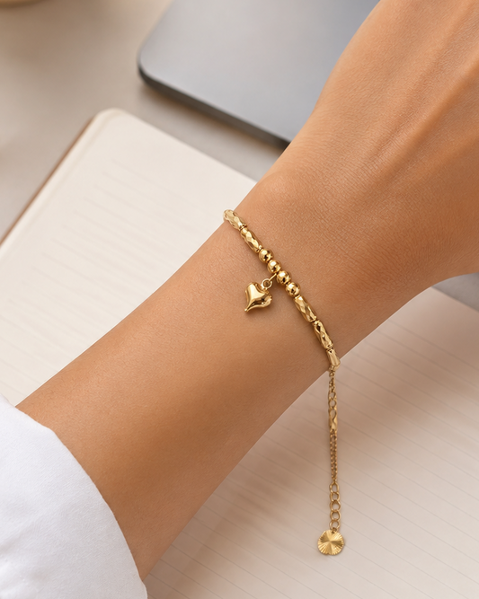 Heart Charm Gold-Tone Beaded Bracelet