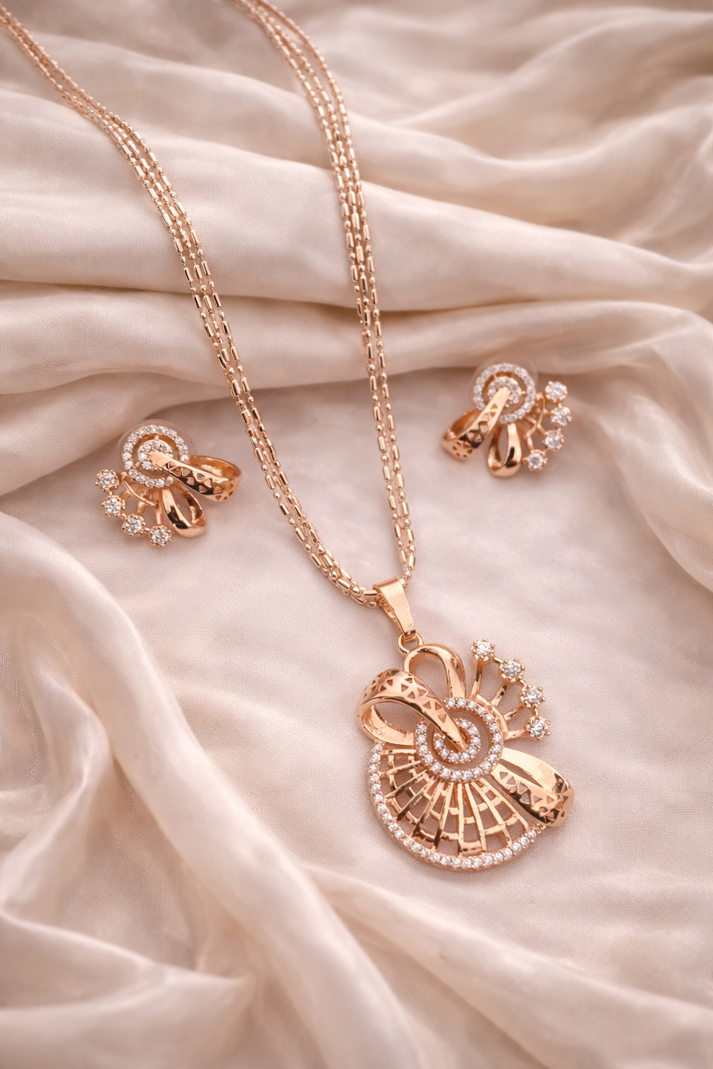 Abstract Floral CZ Pendant Necklace - Pendant Set - Belleza Jewels