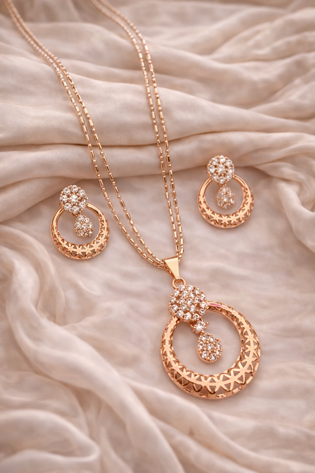 Rose Gold Elegant Circular Drop Pendant Set - Pendant Set - Belleza Jewels