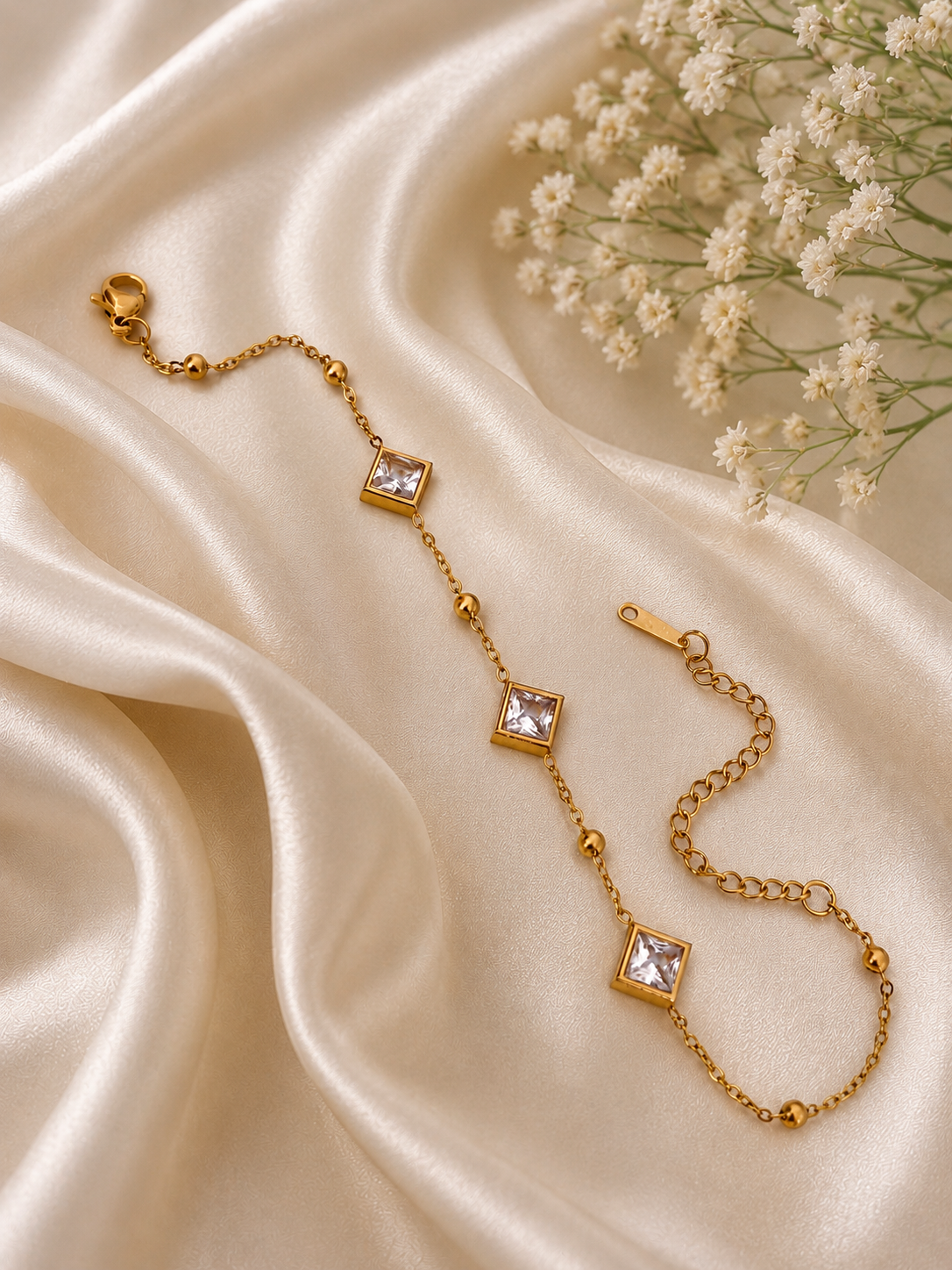 Gold Princess Cut Crystal Adjustable Bracelet