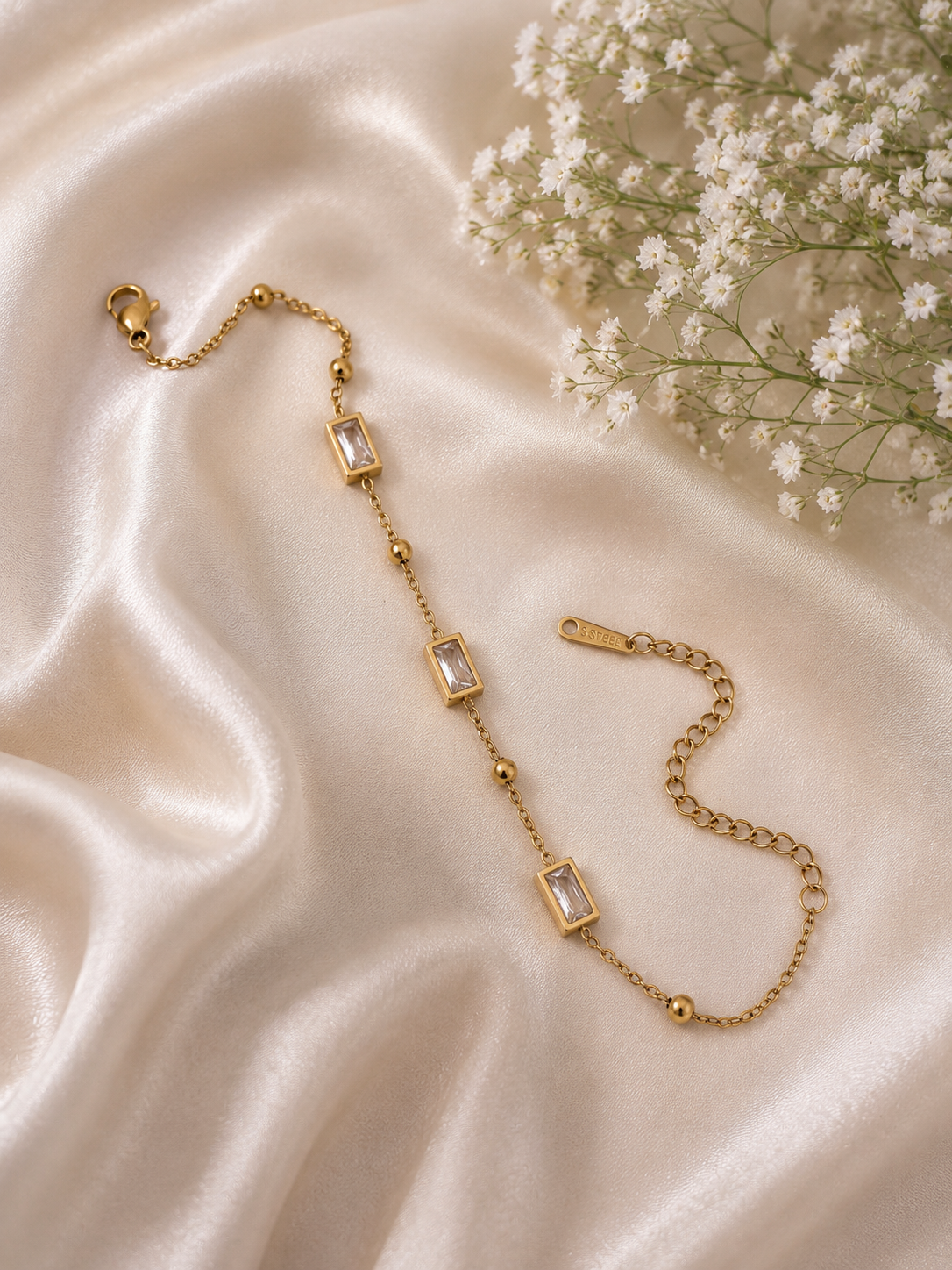 Gold Rectangular Crystal Chain Bracelet for Women