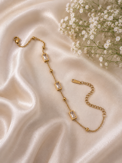 Gold Rectangular Crystal Chain Bracelet for Women