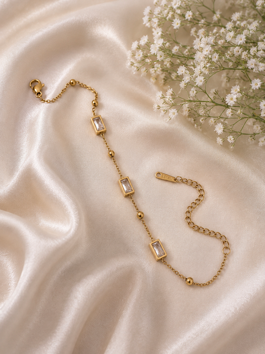 Gold Rectangular Crystal Chain Bracelet for Women