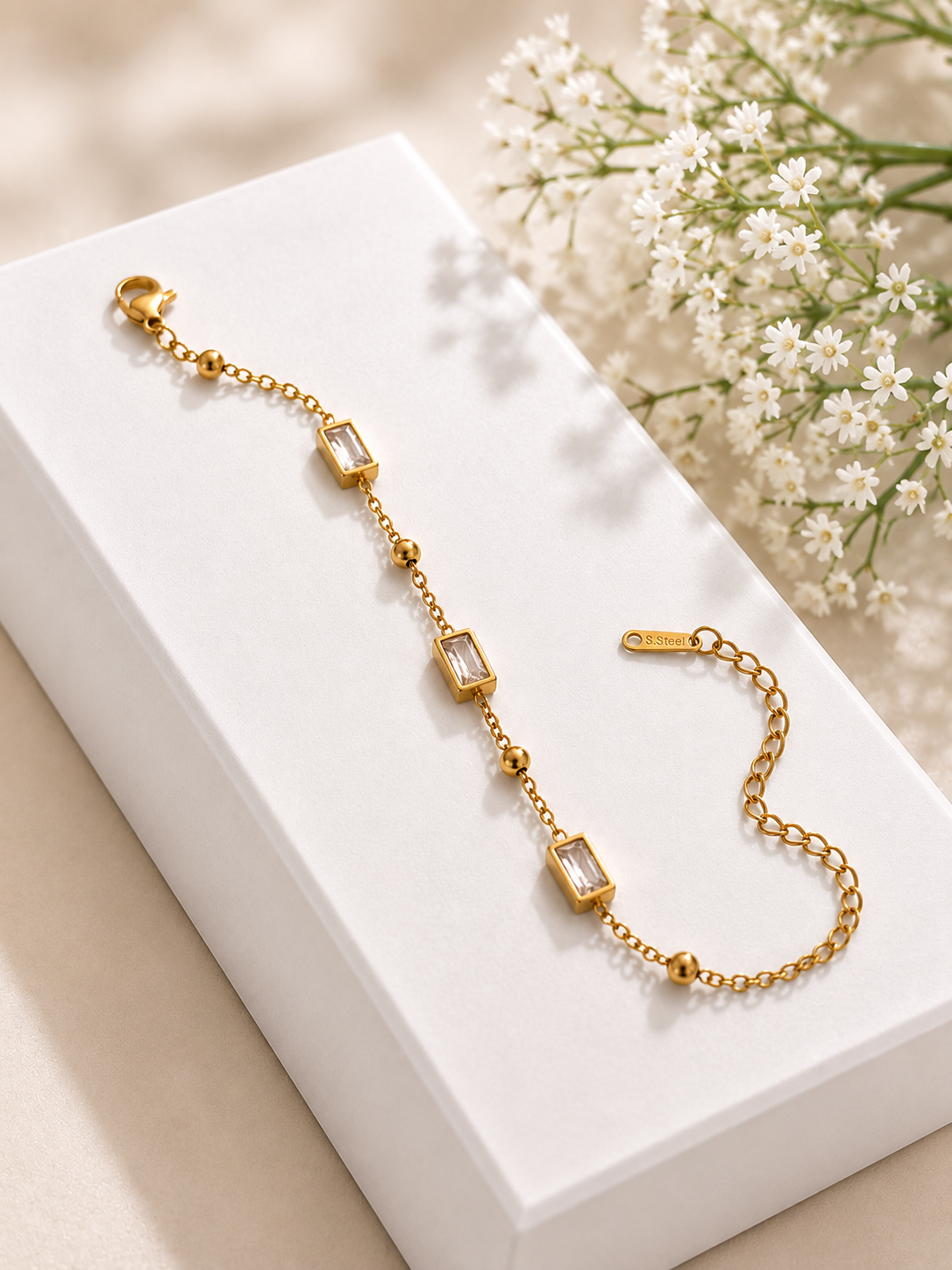 Gold Rectangular Crystal Chain Bracelet for Women