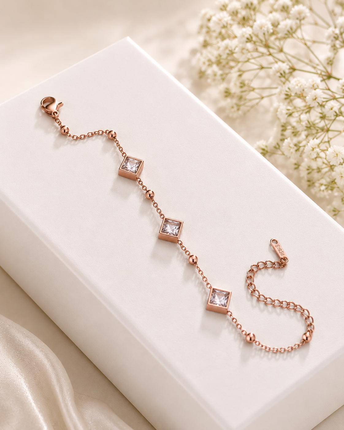 Rose Gold Princess Cut Crystal Adjustable Bracelet