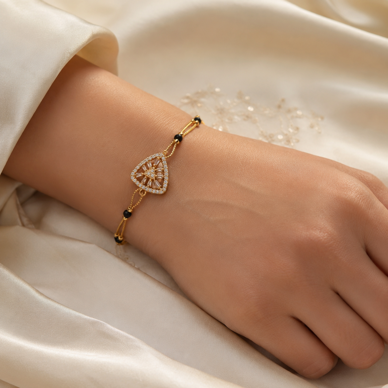 American Diamond Gold Plated Triangle Shape Fancy Hand Mangalsutra