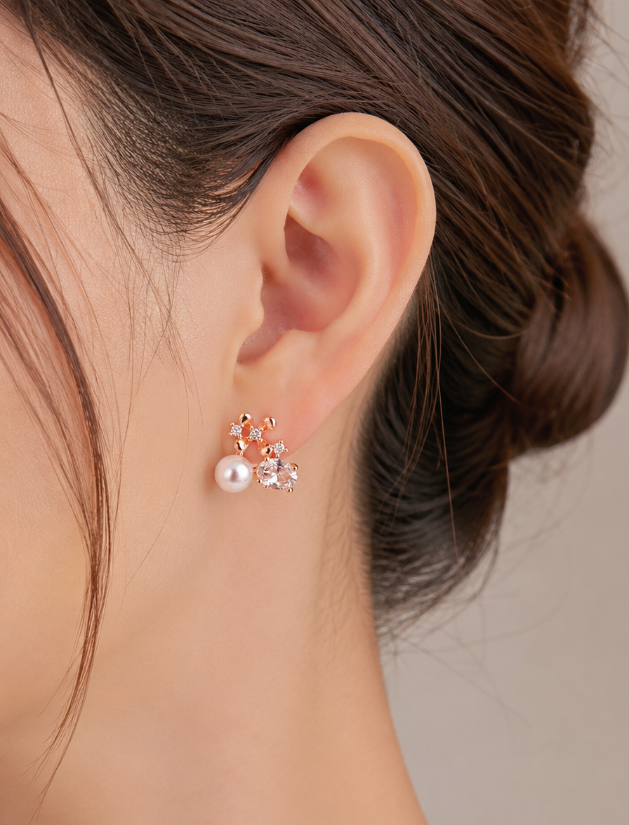 Rose Gold Floral Pearl & Zircon Stud Earrings | Anti-Tarnish Everyday Elegance