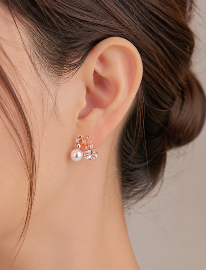 Rose Gold Floral Pearl & Zircon Stud Earrings | Anti-Tarnish Everyday Elegance