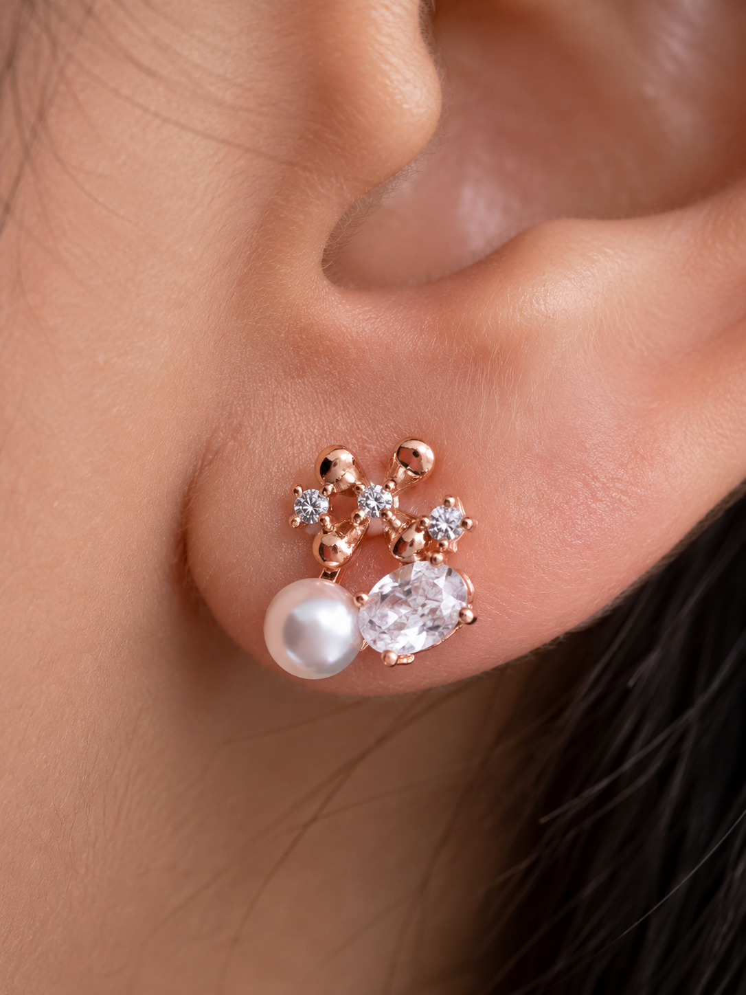 Rose Gold Floral Pearl & Zircon Stud Earrings | Anti-Tarnish Everyday Elegance