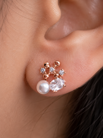 Rose Gold Floral Pearl & Zircon Stud Earrings | Anti-Tarnish Everyday Elegance