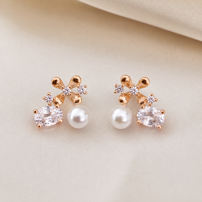 Rose Gold Floral Pearl & Zircon Stud Earrings | Anti-Tarnish Everyday Elegance
