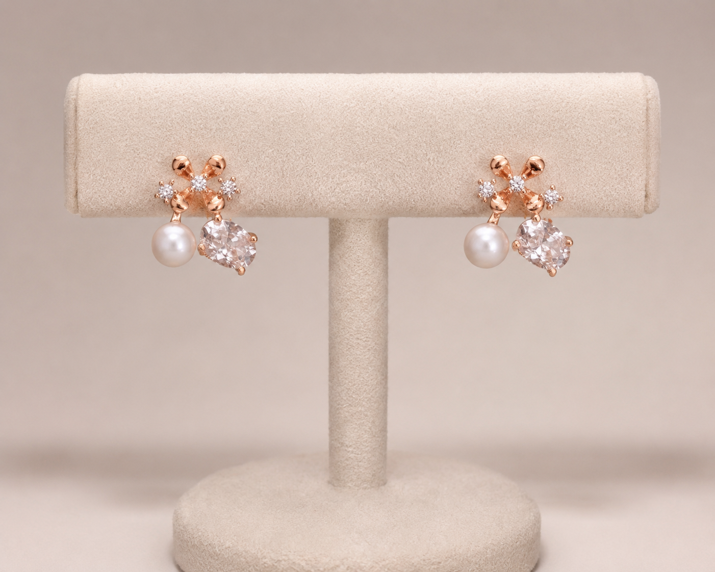 Rose Gold Floral Pearl & Zircon Stud Earrings | Anti-Tarnish Everyday Elegance