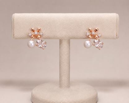 Rose Gold Floral Pearl & Zircon Stud Earrings | Anti-Tarnish Everyday Elegance