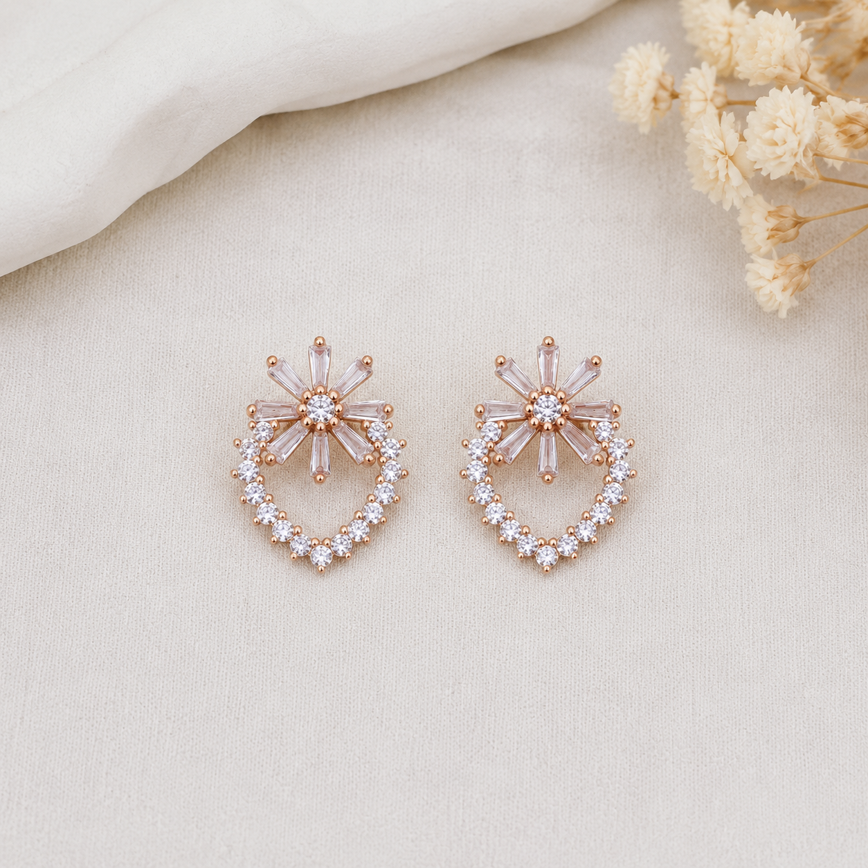 Rose Gold Floral Halo Zircon Stud Earrings
