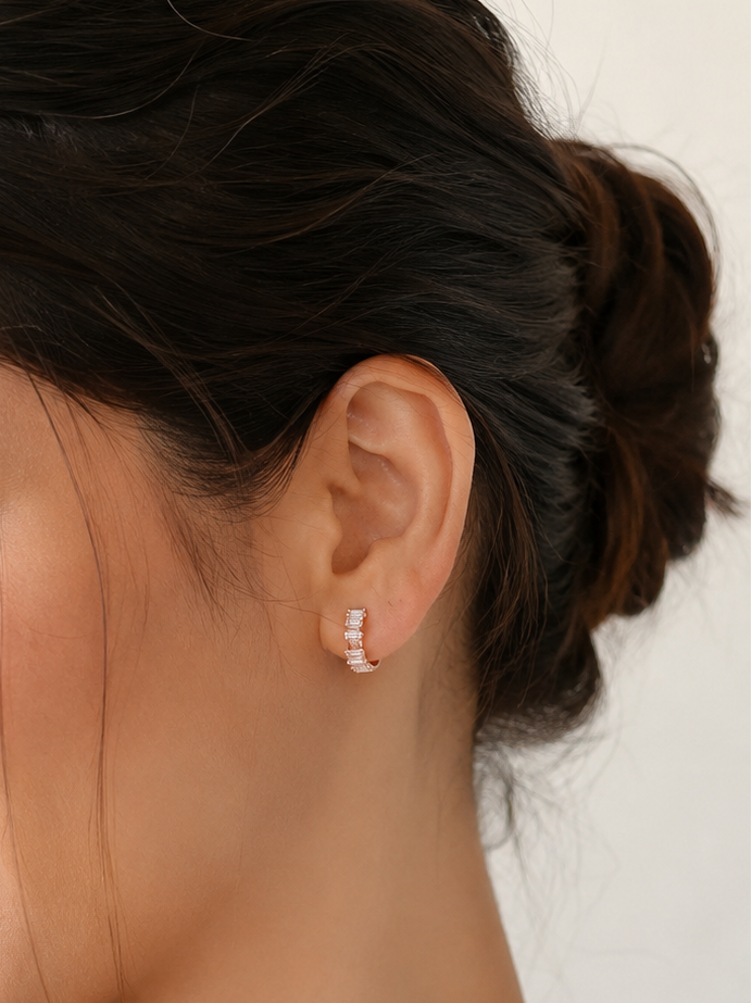 Rose Gold Baguette Stone Hoop Earrings
