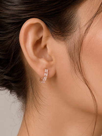 Rose Gold Baguette Stone Hoop Earrings