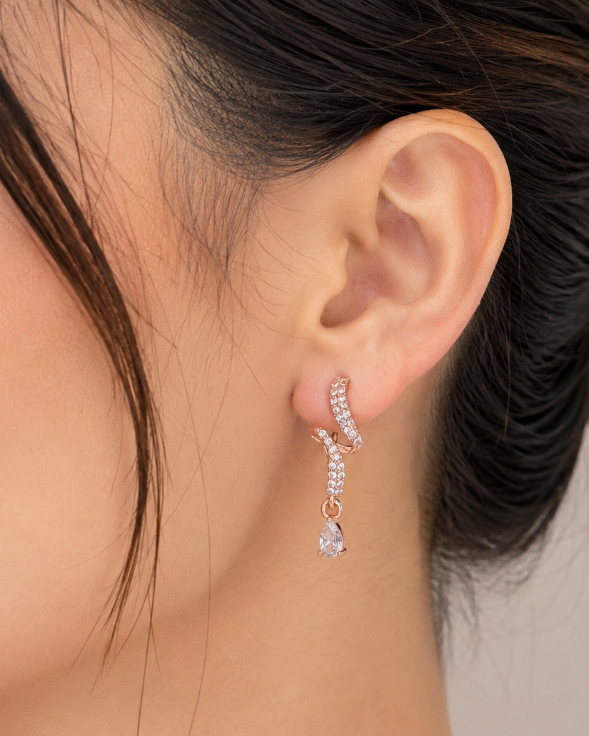 Rose Gold CZ Wave Drop Earrings