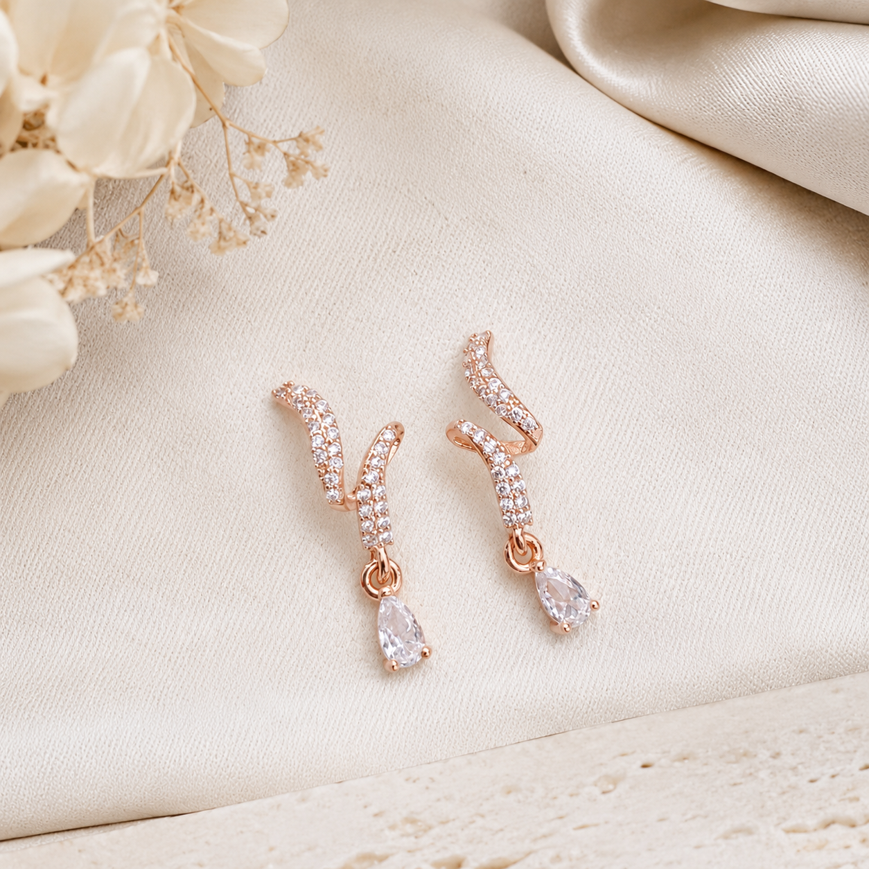 Rose Gold CZ Wave Drop Earrings