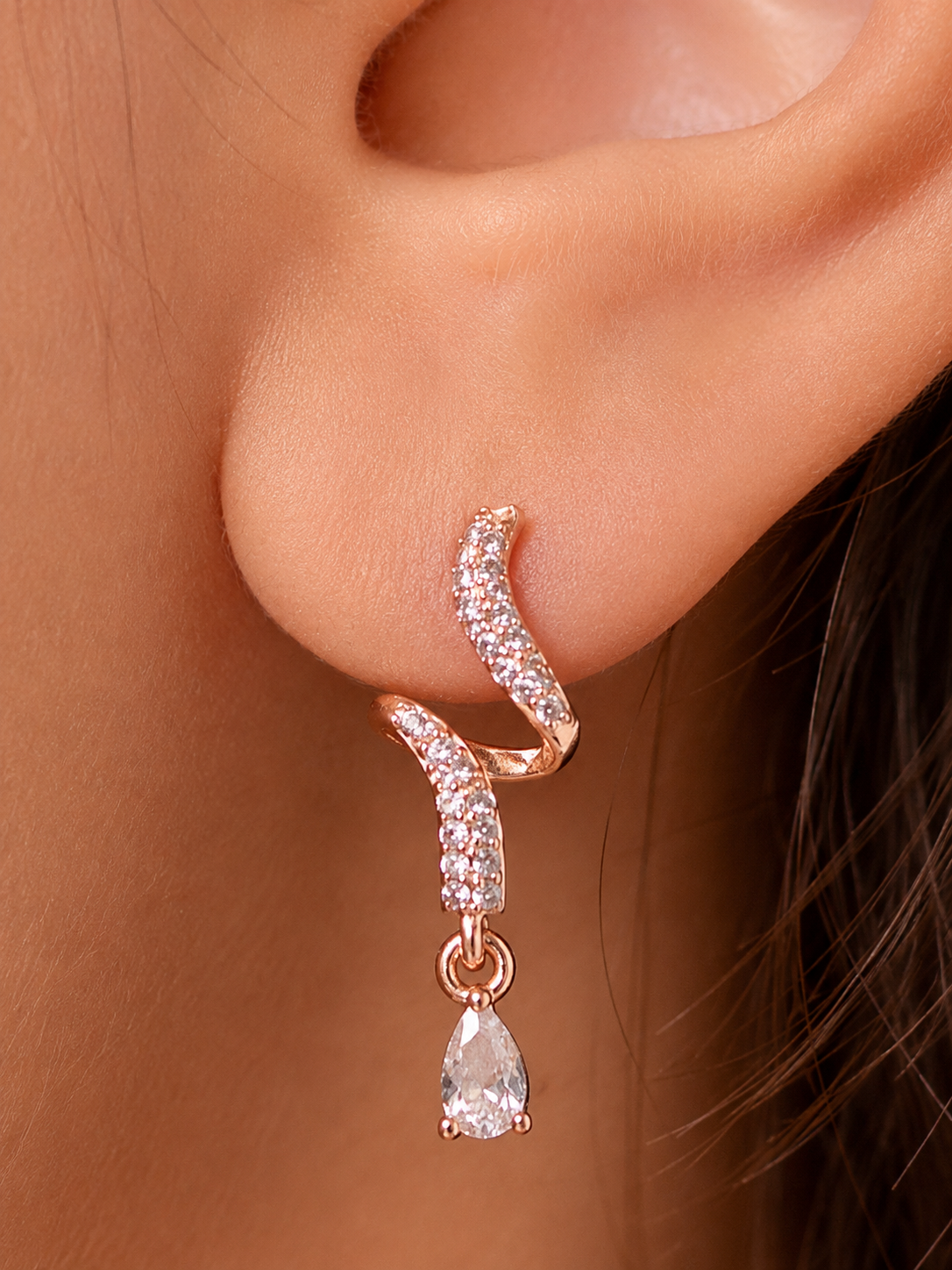 Rose Gold CZ Wave Drop Earrings