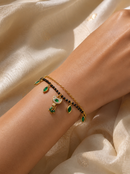 Green AD Stone with Black Beads & Gold Finish Mangalsutra Bracelet