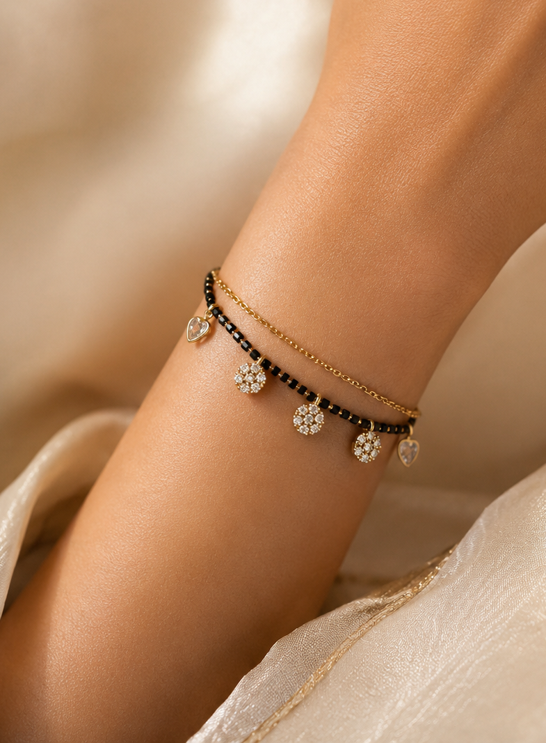 Floral Charm Black Bead Mangalsutra Bracelet