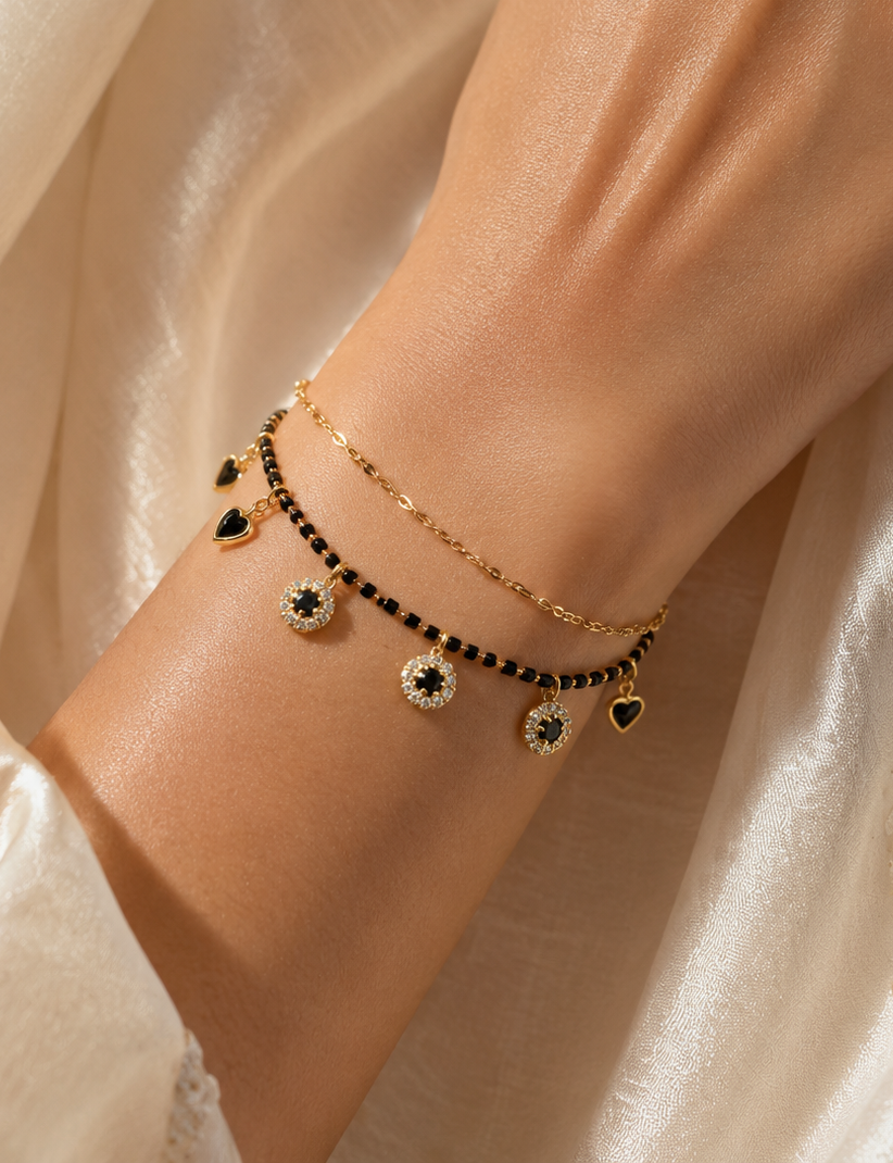 Black Heart Charm Mangalsutra Bracelet