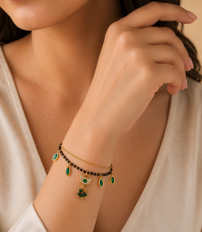 Green AD Stone with Black Beads & Gold Finish Mangalsutra Bracelet