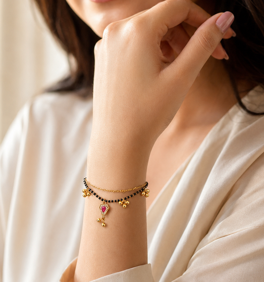 Ruby Stone with Golden Bead Charms Mangalsutra Bracelet