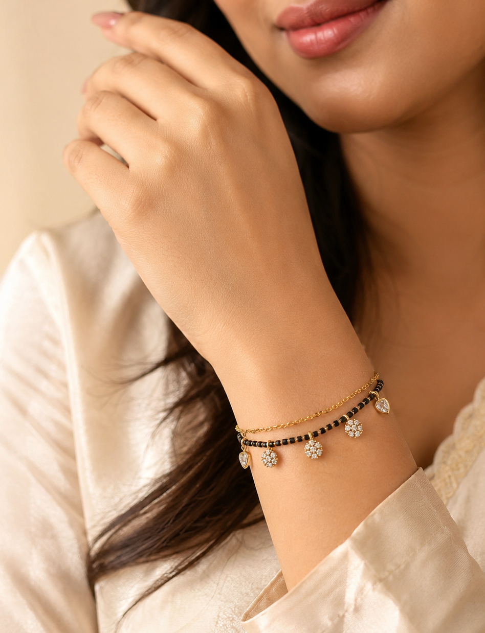 Floral Charm Black Bead Mangalsutra Bracelet
