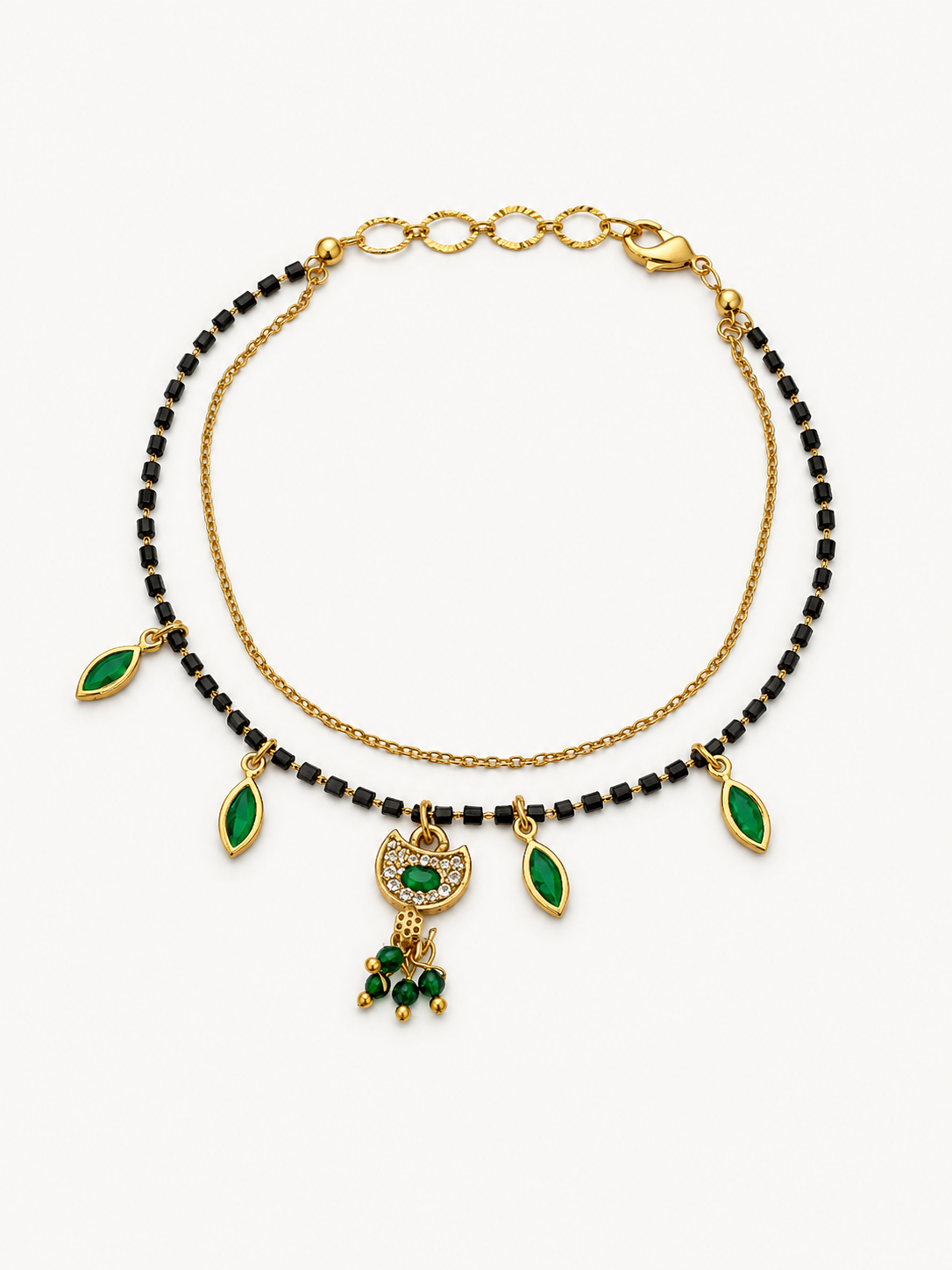 Green AD Stone with Black Beads & Gold Finish Mangalsutra Bracelet