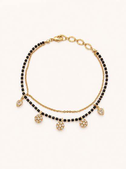 Floral Charm Black Bead Mangalsutra Bracelet