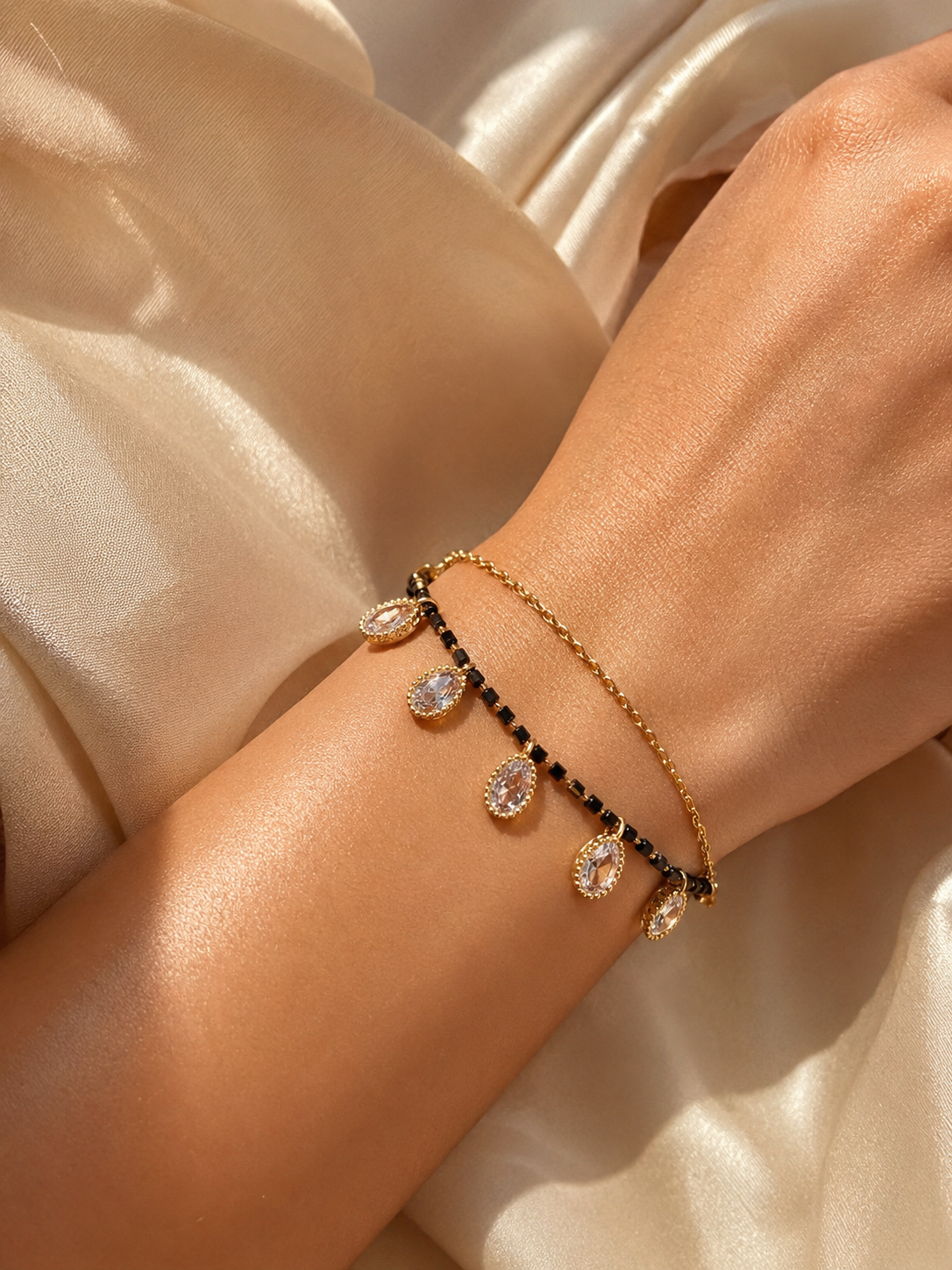 Elegant Black Beads & Teardrop Crystal Mangalsutra Bracelet