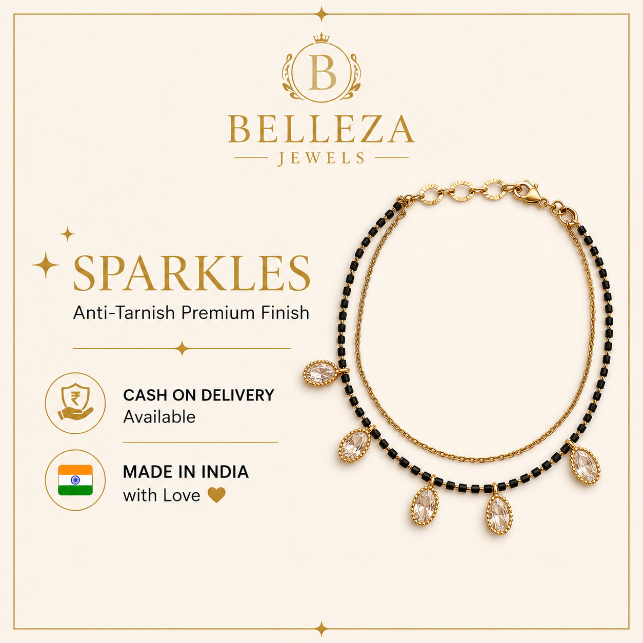 Elegant Black Beads & Teardrop Crystal Mangalsutra Bracelet