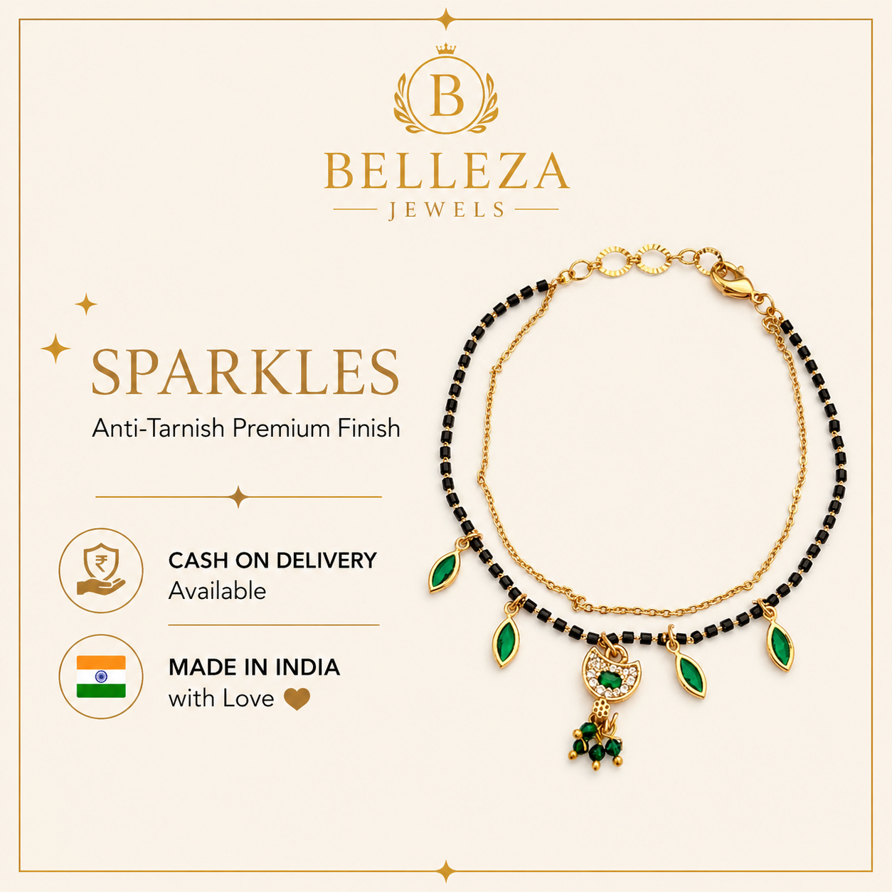 Green AD Stone with Black Beads & Gold Finish Mangalsutra Bracelet