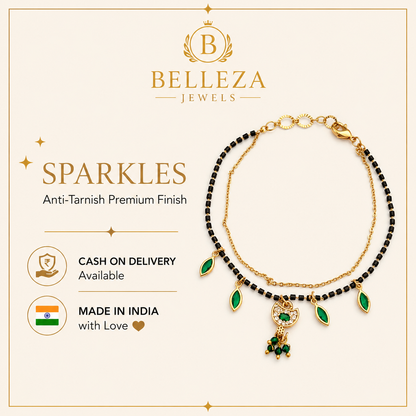 Green AD Stone with Black Beads & Gold Finish Mangalsutra Bracelet