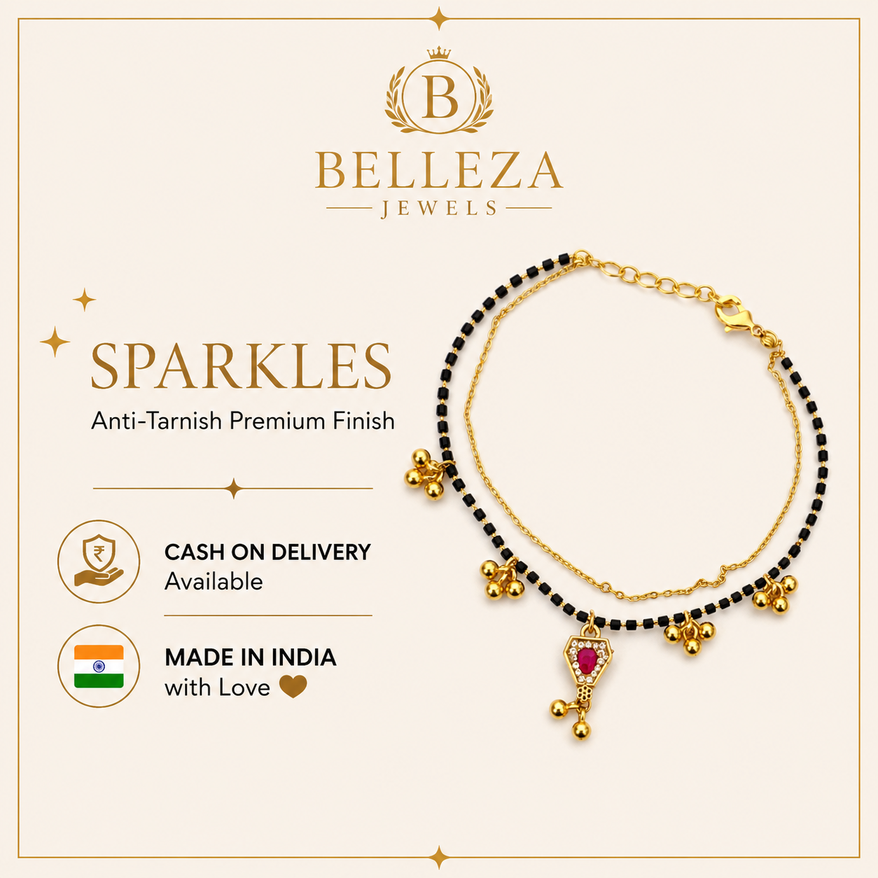 Ruby Stone with Golden Bead Charms Mangalsutra Bracelet