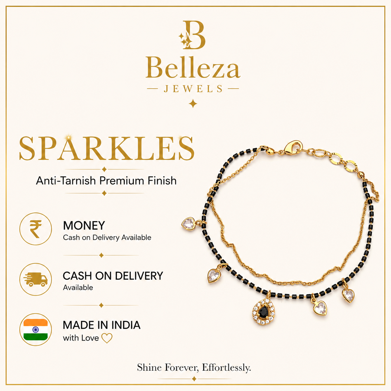 Black Stone Heart Charm Mangalsutra Bracelet