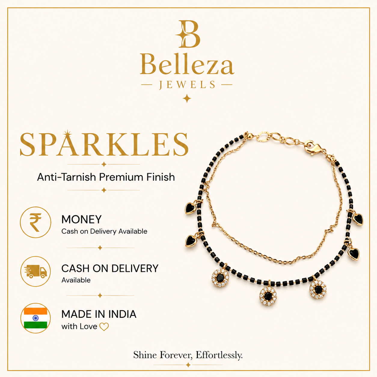 Black Heart Charm Mangalsutra Bracelet